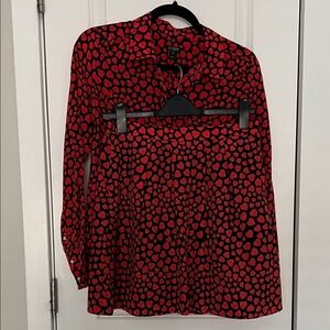 J. Crew Red Heart Print Silk Mini Skirt/Button up (set)